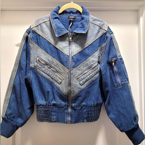Nasty Gal Denim Bomber Jacket, Sz Medium - Picture 5 of 8